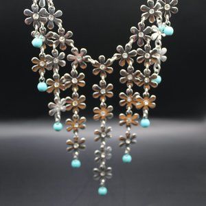 Antique Silver & Turq Flower Rainfall Necklace